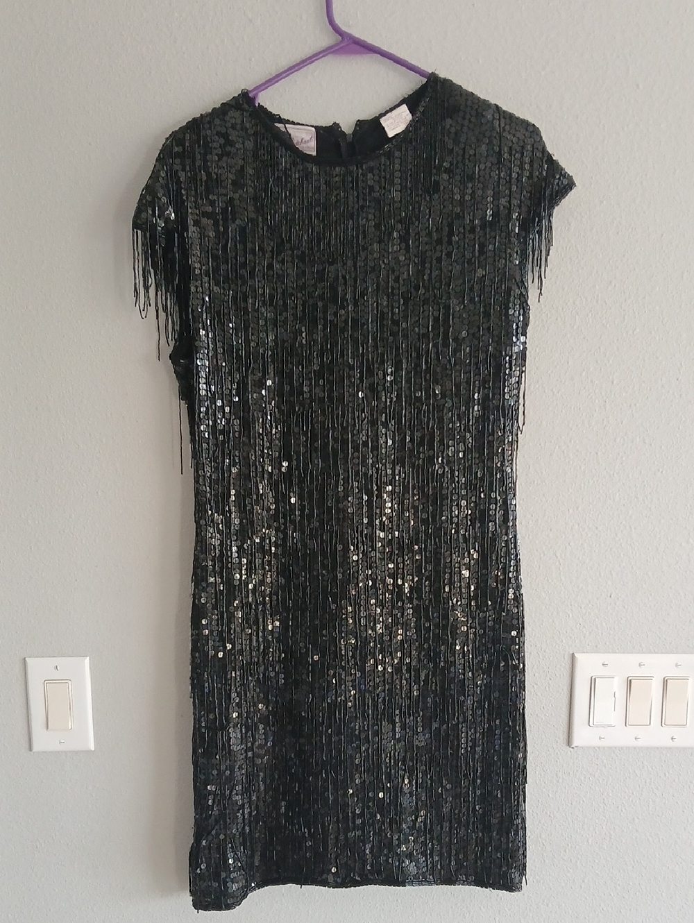 Vintage 1920s Inpired Flapper Dress Black Sequin Fringe Shift Dress Small